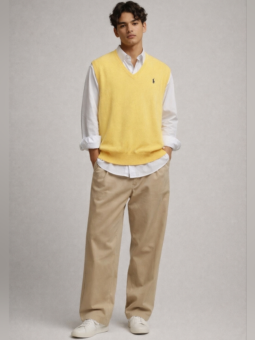 Vintage 90s Polo Ralph Lauren Yellow Pima Cotton Knit Sweater Vest Navy Pony XL